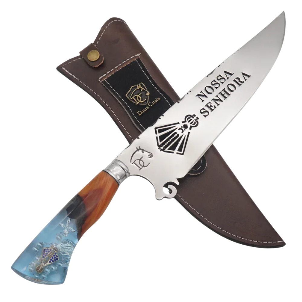 Faca Artesanal para Churrasco 10" Nossa Senhora com Medalha - Cutelaria Religiosa Devocional