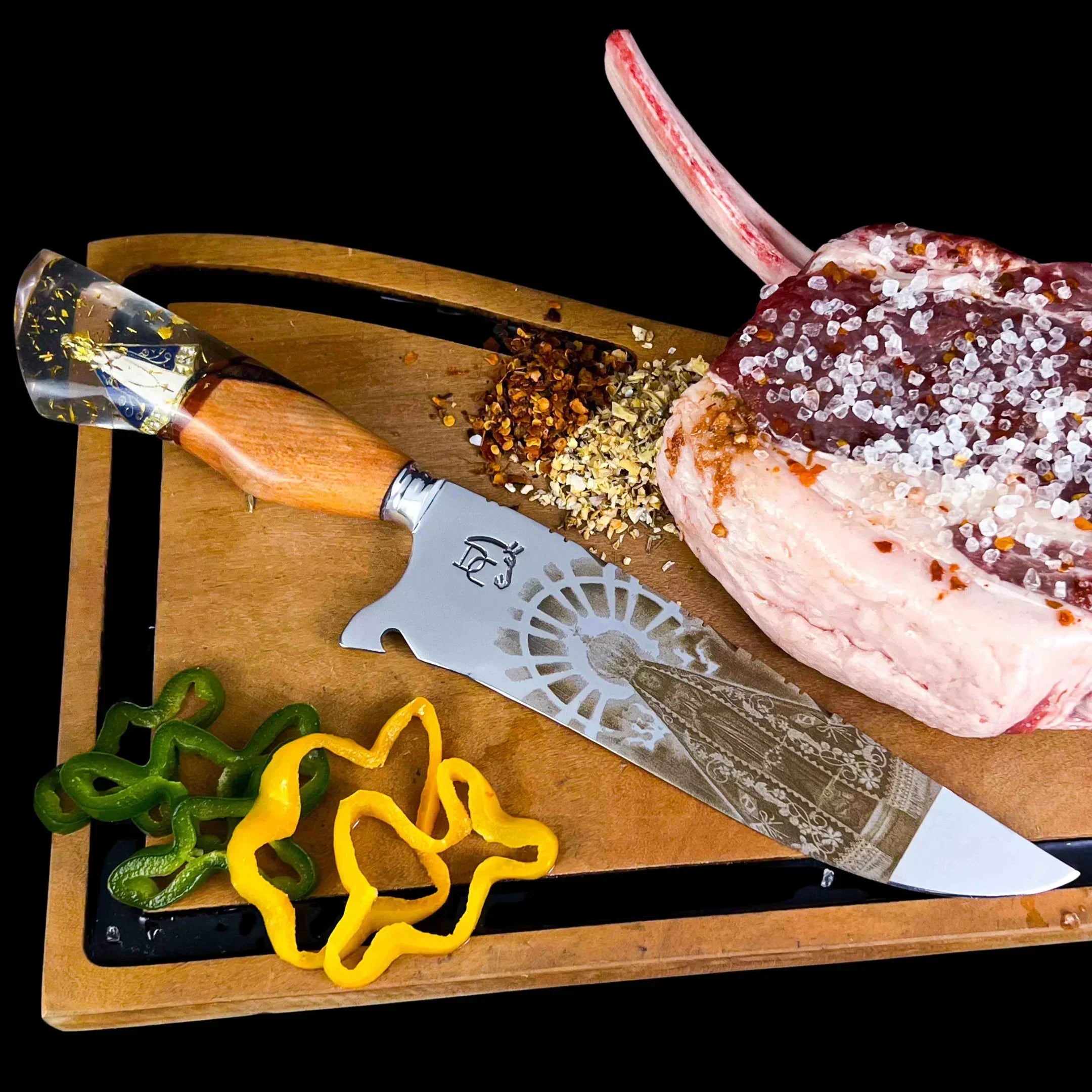 Faca de Churrasco Artesanal 8" Aço Inox 420C - Cabo Madeira Resina Dourada Fé Gaúcha