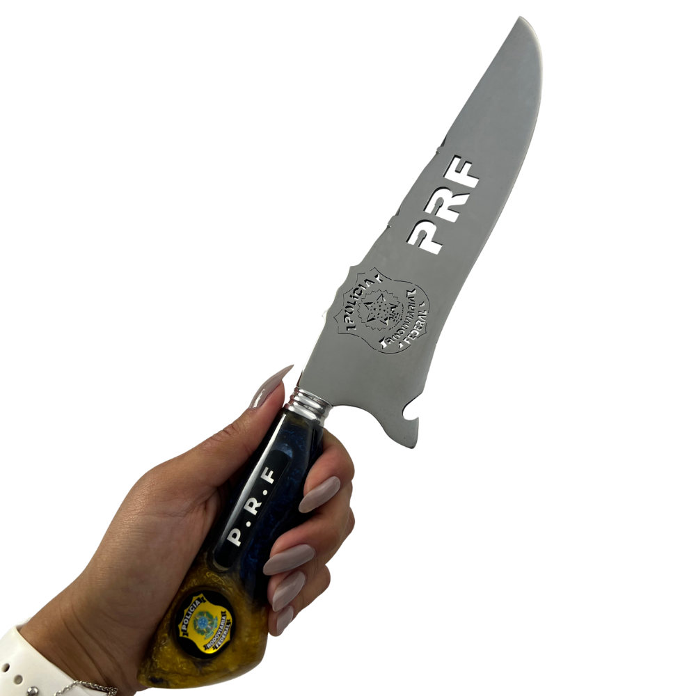 Faca Artesanal PRF - Polícia Rodoviária Federal - Cabo Resina - 33cm Total - Bainha Couro