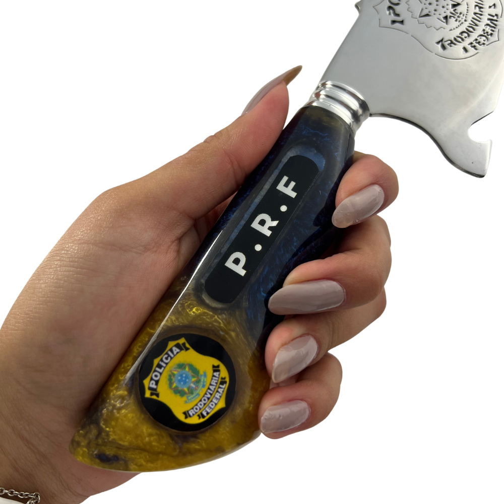 Faca Artesanal PRF - Polícia Rodoviária Federal - Cabo Resina - 33cm Total - Bainha Couro