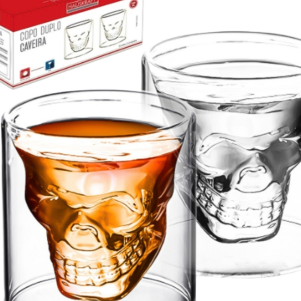 Copo Whisky Caveira Vidro Duplo - 2 Peças - 75ml - Design 3D